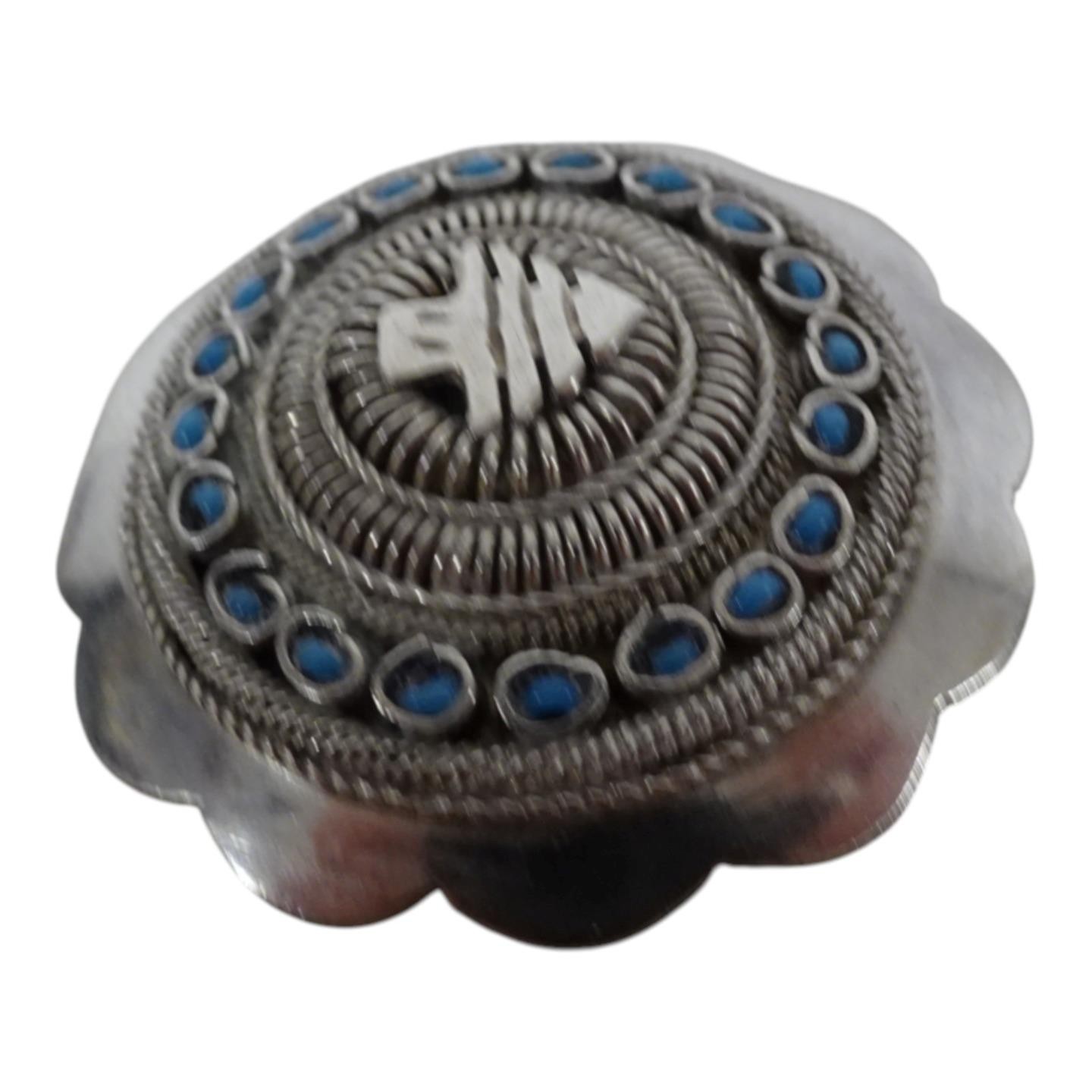 Southwestern Pin Silver tone metal w Turquoise Scalloped Round Tree in Middle