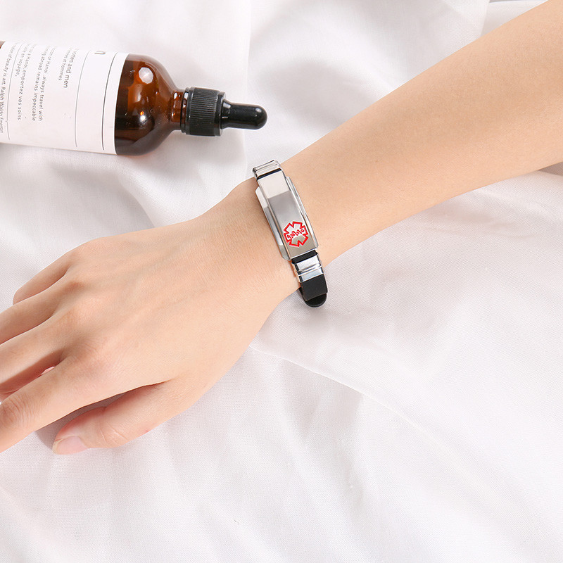 Free Engraving Medical Alert ID Women Men Kids Bracelet Black Silicone Wristband