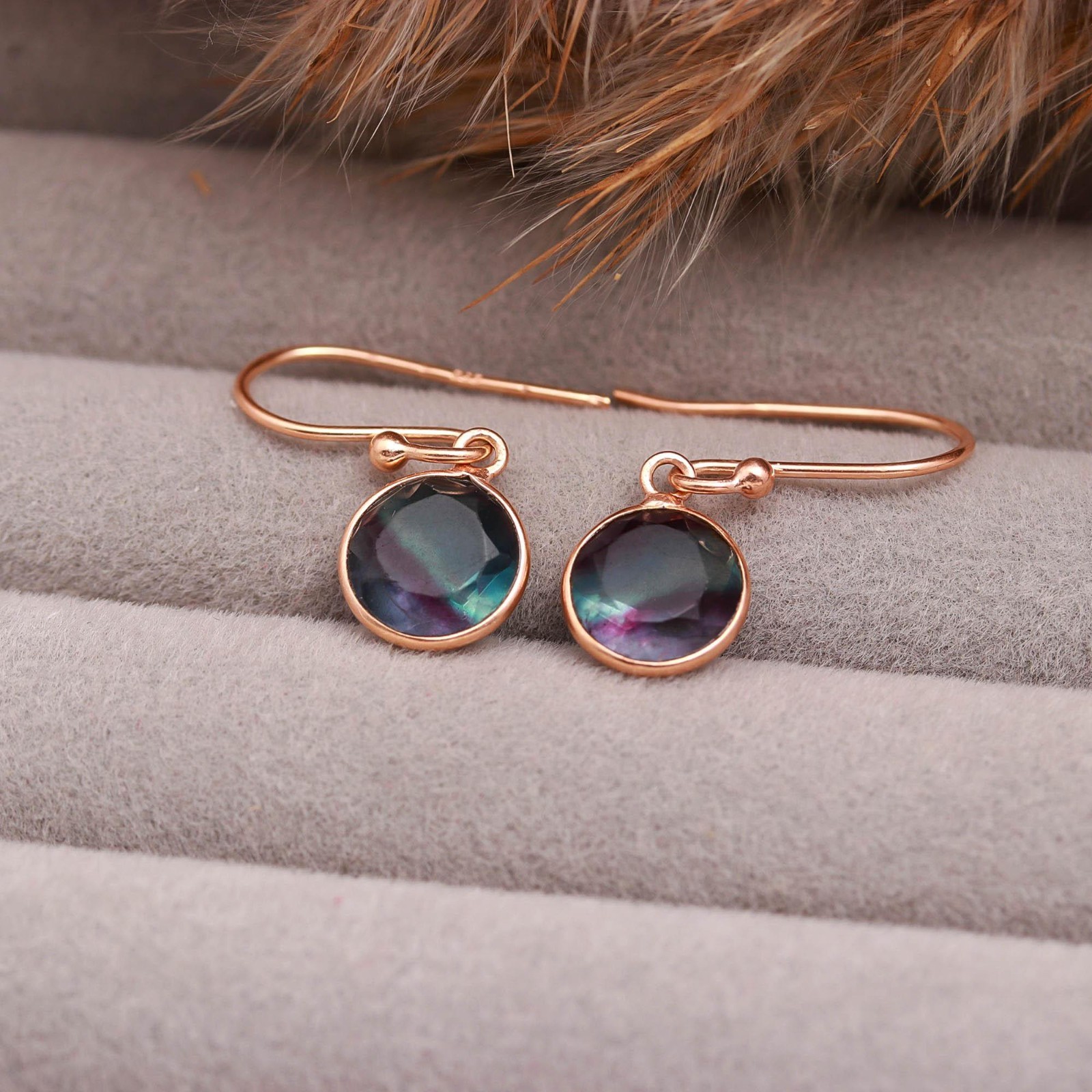 100%Natural Fluorite Round Dangle Earrings Rose Gold Plated Solid Silver Jewelry