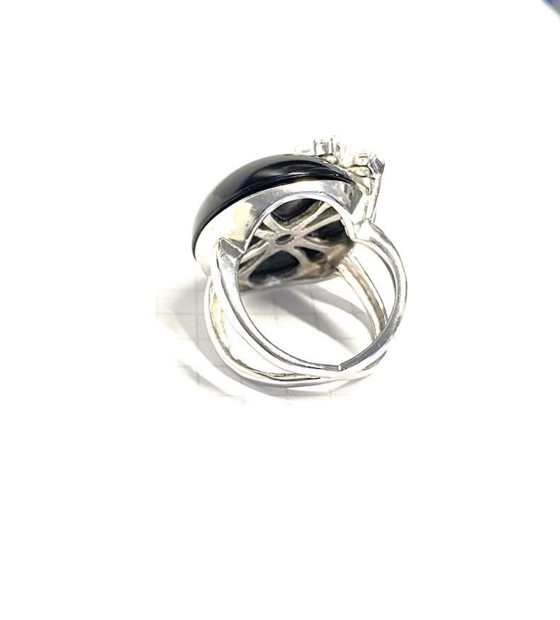 (SIZE 6,7,8,9) Large ONYX STONE & CZ FLOWER RING .925 STERLING SILVER