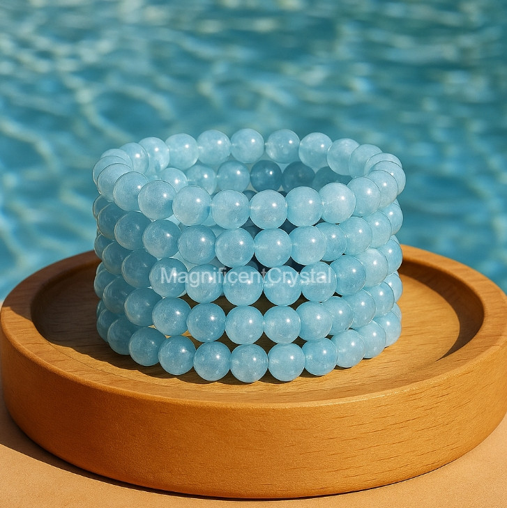 5pcs Natural Aquamarine 8mm Blue Bead Bracelet Healing March Birthstone Gifts