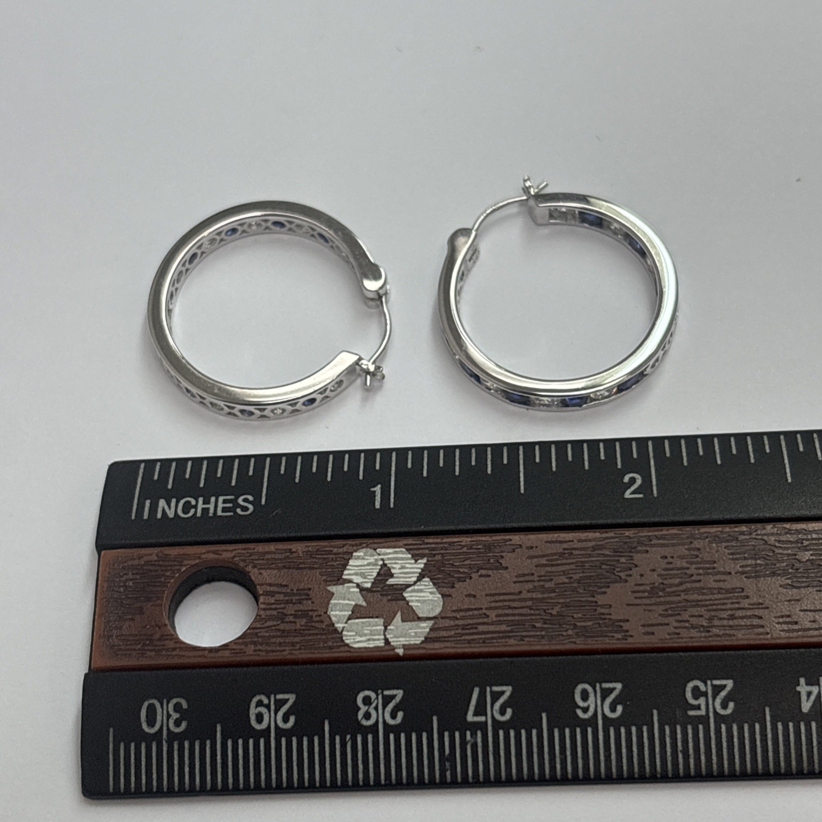 Women’s Earrings Blue And Whit Cz Stones Hoop Style As Is 925 Silver