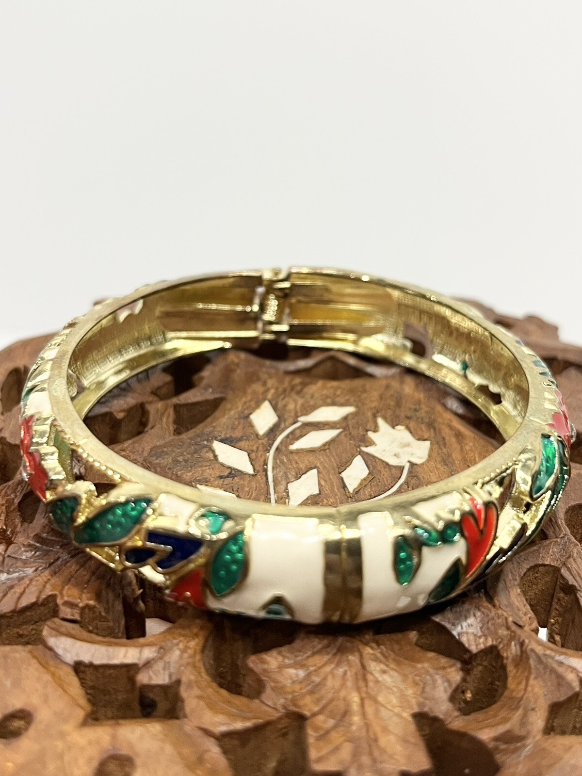 Holiday Bangle Enamel Bracelet Floral Christmas Red Green Blue White and Gold