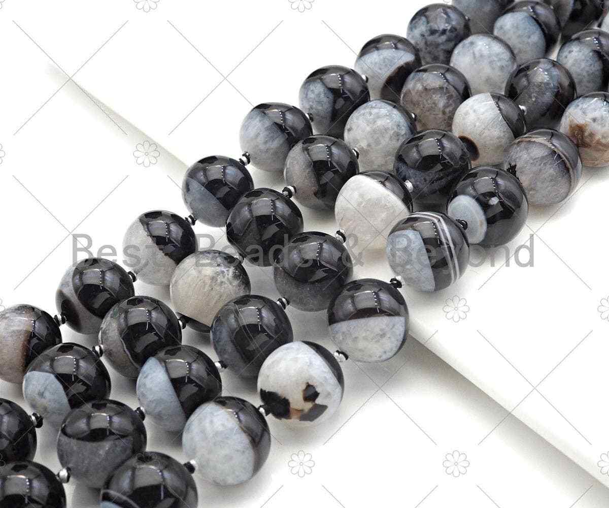 High Quality Natural Black White Druzy Agate Beads, 18mm Round Smooth Agate,
