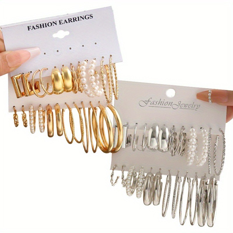 24pairs Golden Silvery Imitation Pearl Circle Hoop Earrings Zinc Alloy Jewelry