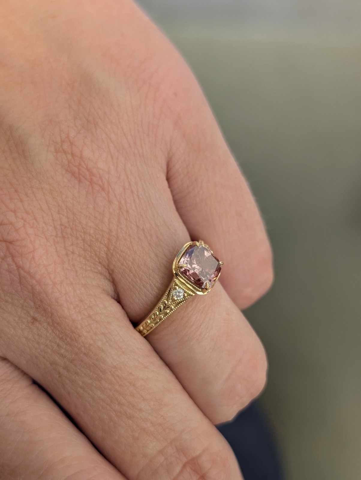 10k Yellow Gold Moody Romantic Pink Diamond Ring Size 6 Cushion Set