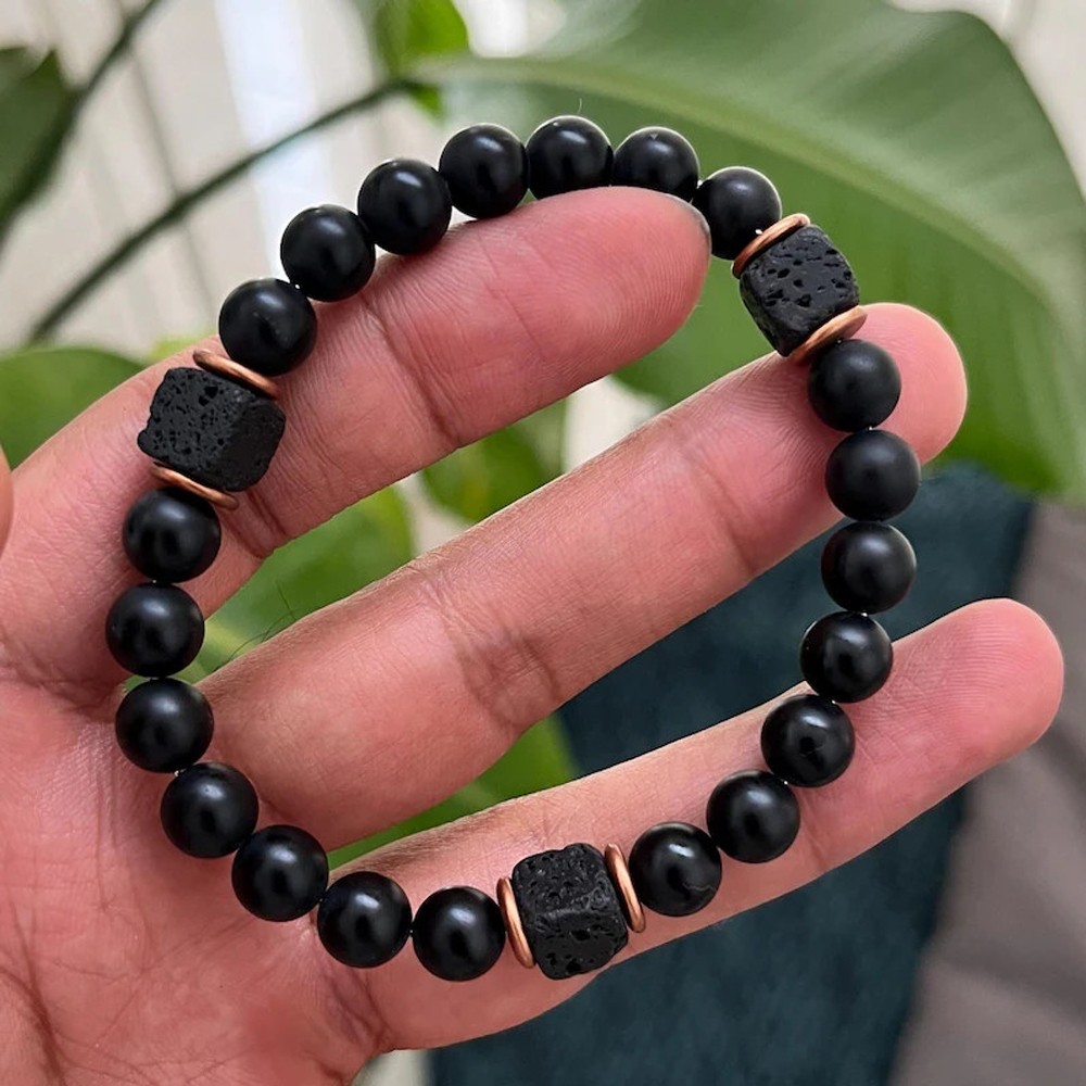 Mens Premium Matte Black Onyx with Lava Beads Grounding Protection Bracelet NEW