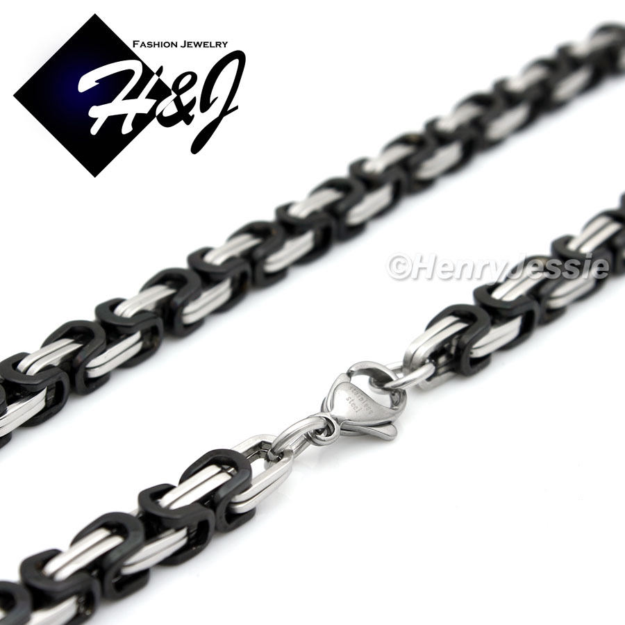 18-40″MEN Stainless Steel 6mm Silver/Black Plated Byzantine Box Chain Necklace