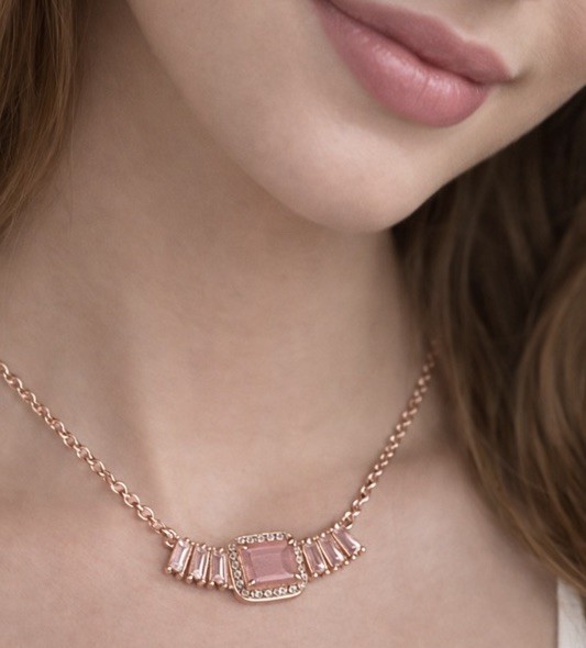 Rose Gold Plated Pink Rose Quartz & Quartz Rectangle Necklace 18″+2.5″ Extender