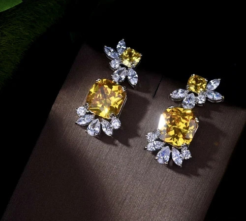 18K White Gold Filled 6CTW Yellow Citrine Gemstone Drop Earrings Christmas Gift