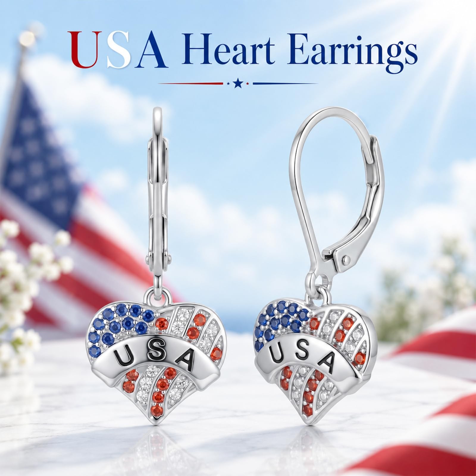 USA American Flag Dangle Drop Earrings for Women Patriotic USA Heart Red Whit…