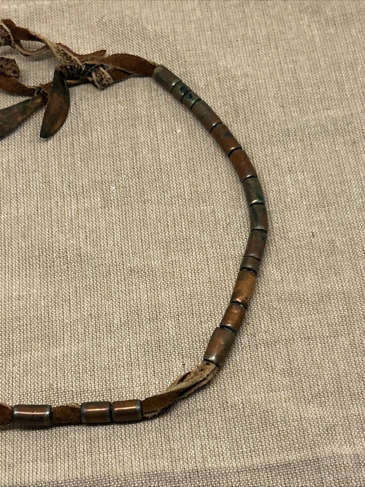 Set of Two Boho Tribal Style Necklaces Leather Cord Copper Metal Charms Beads