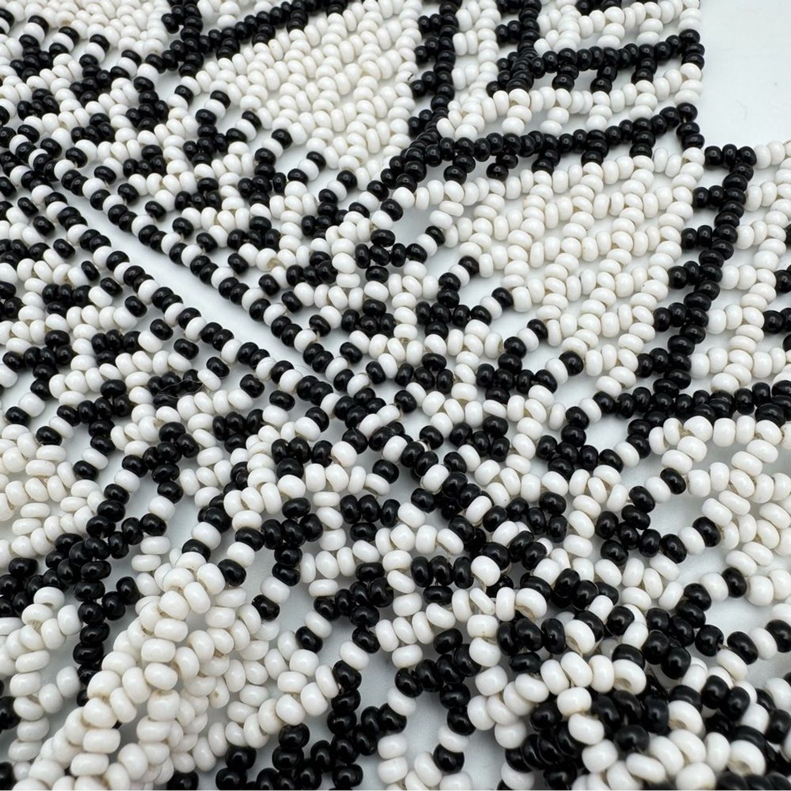 Hand Beaded Black & White Tribal Collar Necklace Statement Bib