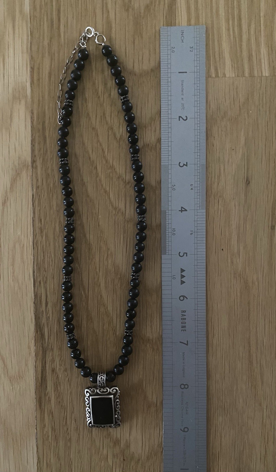 Black Onyx 925 Sterling Silver Beaded Necklace Rectangular Pendant 16-18” 30g