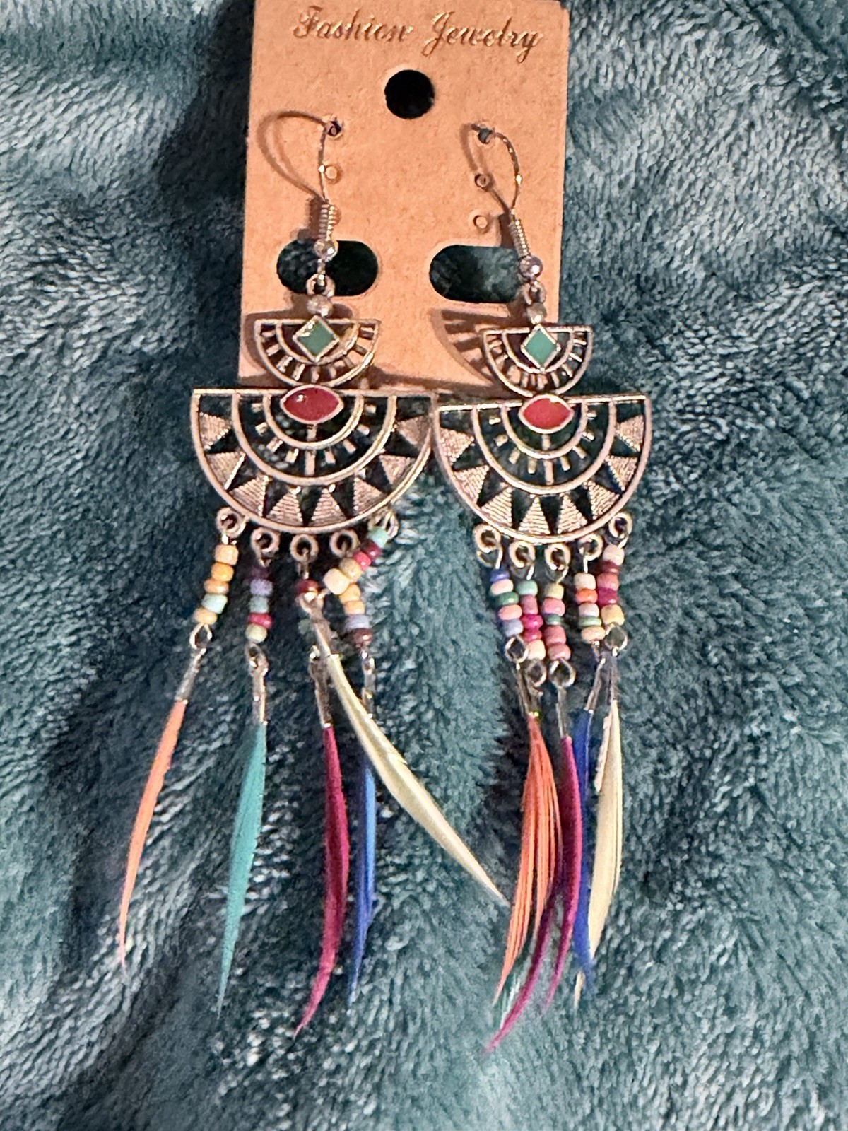 Boho Multicolor Feather Drop Earrings Turquoise Orange Dangle