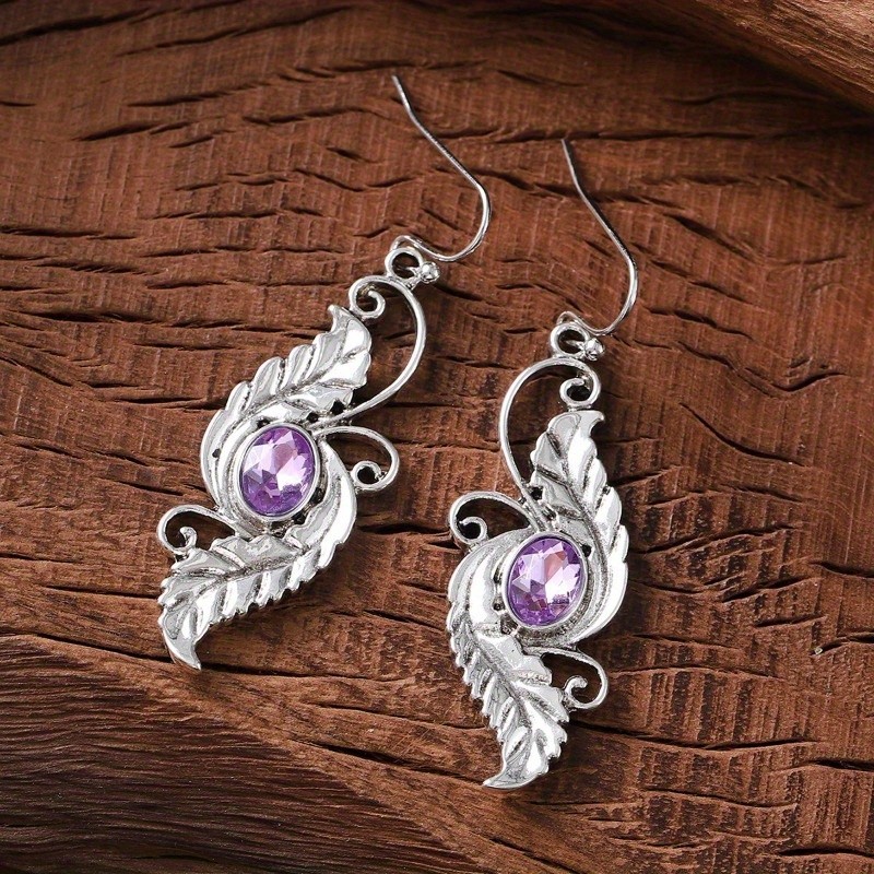 Women’s Carved Earrings Purple Artificial Crystal Pendant Earrings Zinc Alloy