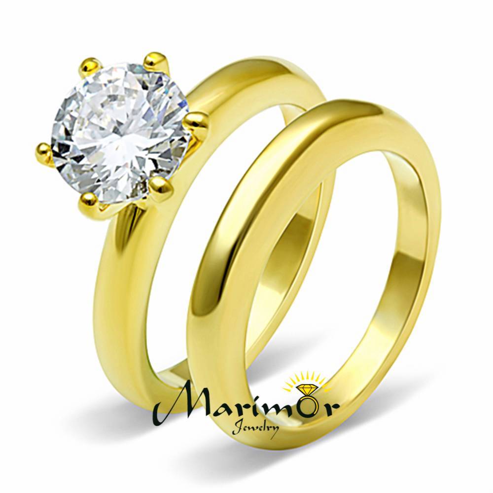 Stainless Steel Wedding Ring Set 2.05 Ct Round Cut CZ 14k GP Women’s Size 5-10