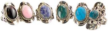 SET OF 6 Mixed Gemstones Styles Adjustable Rings Bulk Jewelry (Each Set Varies)