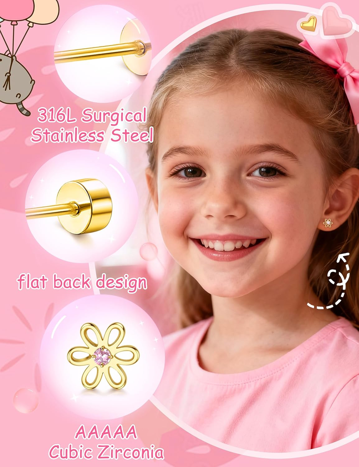 Hypoallergenic Flat Back Earrings for Girls Kids Toddler Women 10 Pair Surgical