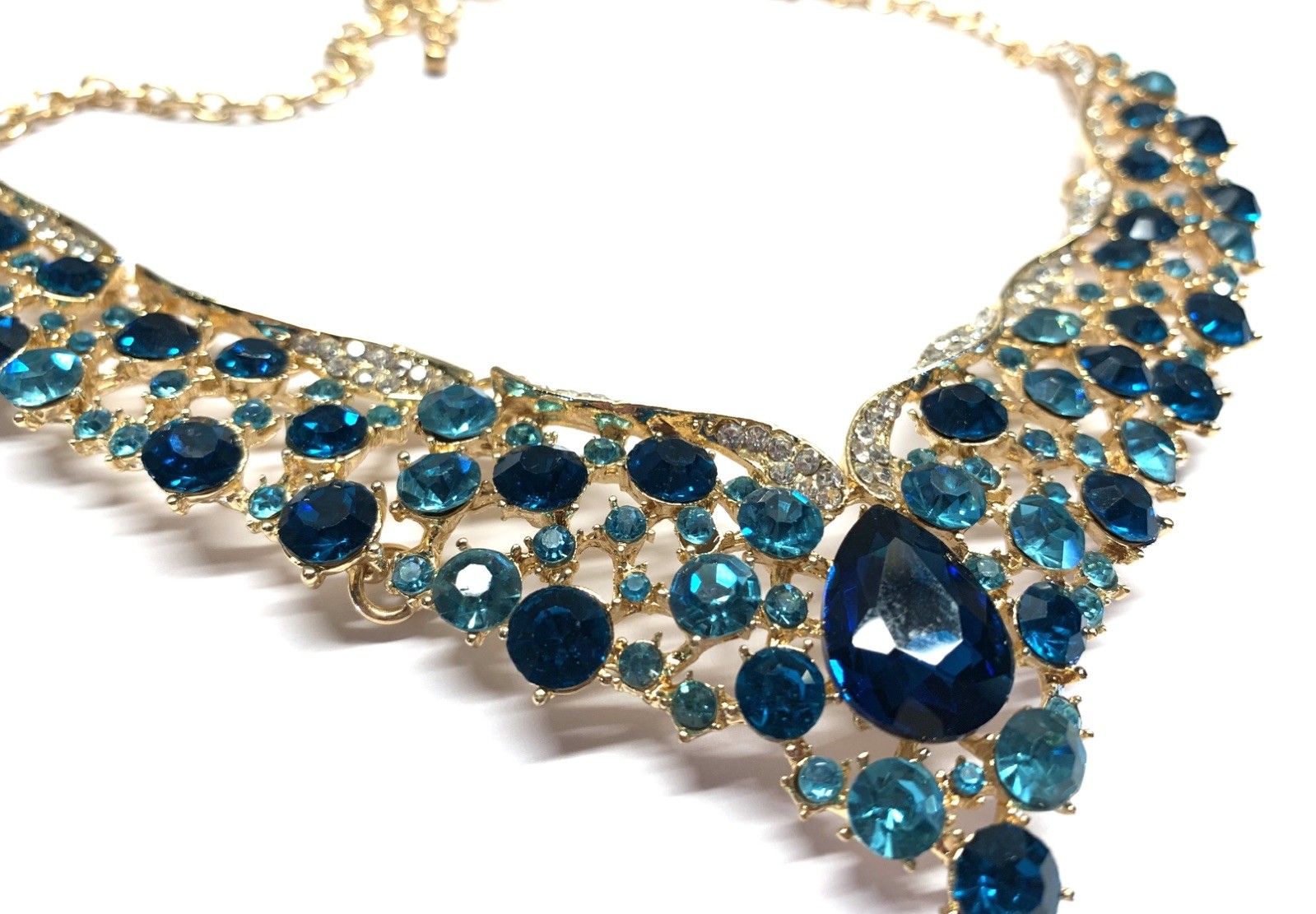 Aqua Teal Crystal Choker Rhinestone Necklace Earring Set Bridal Prom Pageant