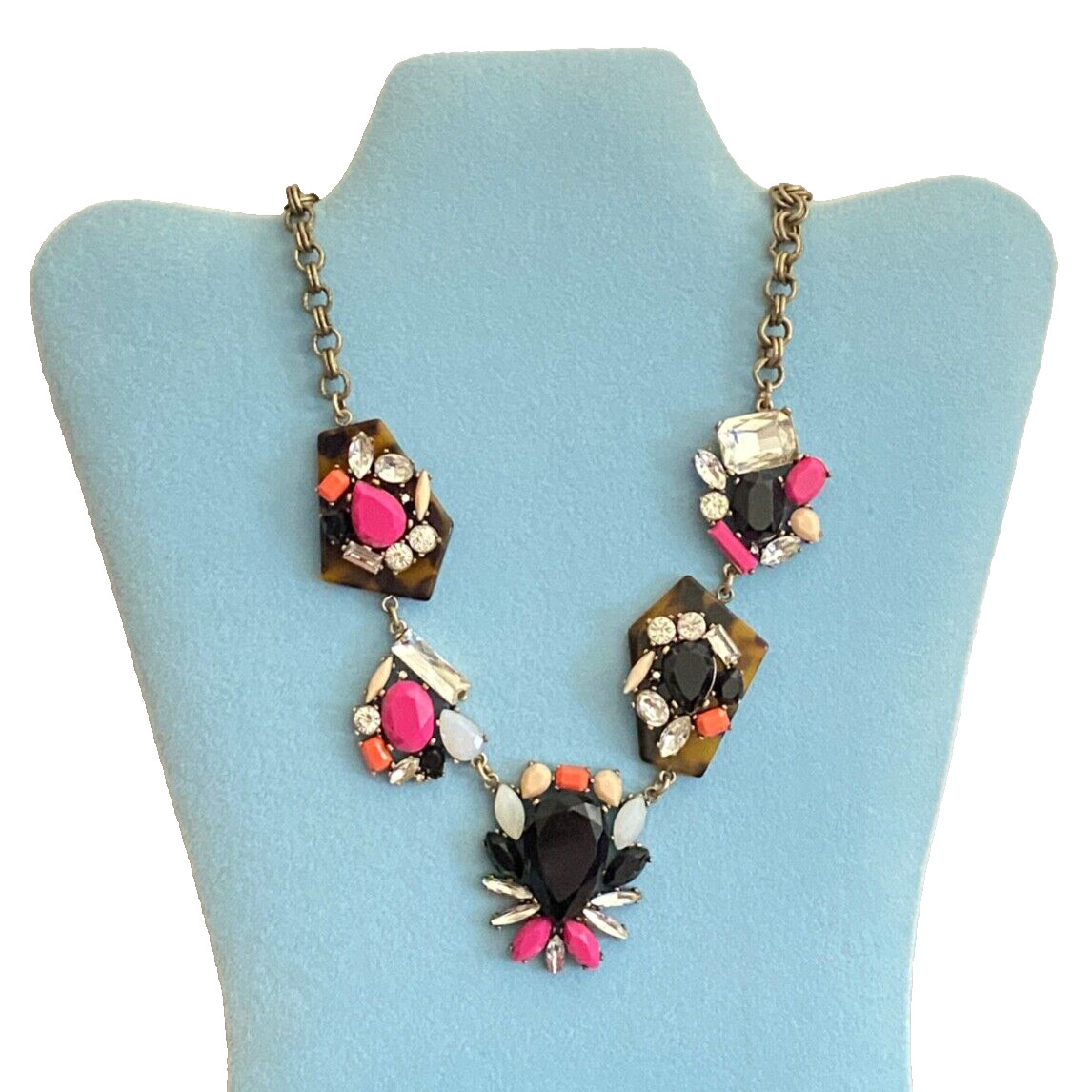 J. Crew Tortoise Print Lucite Neon Rhinestone Gold Tone Statement Necklace 21.5″