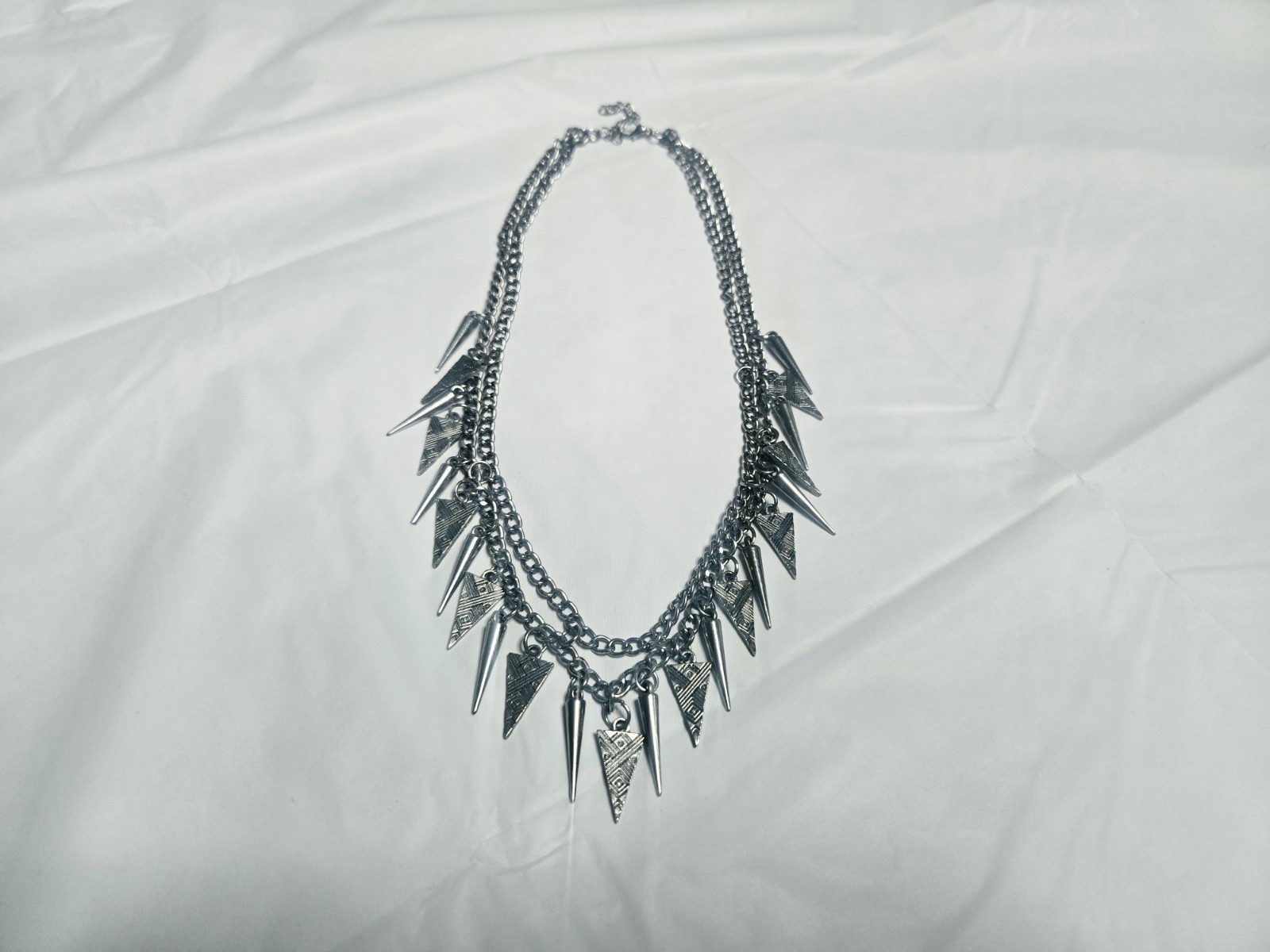 Silver Statement Collar Double Cable Chain Triangle Spike Pendant Necklace