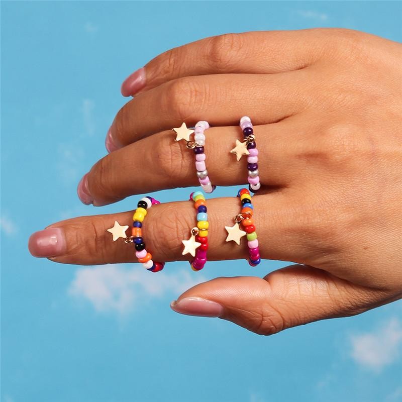 Bohemian Handmade Colorful Flower Beaded Ring Set for Women Beach Jewelry Gift