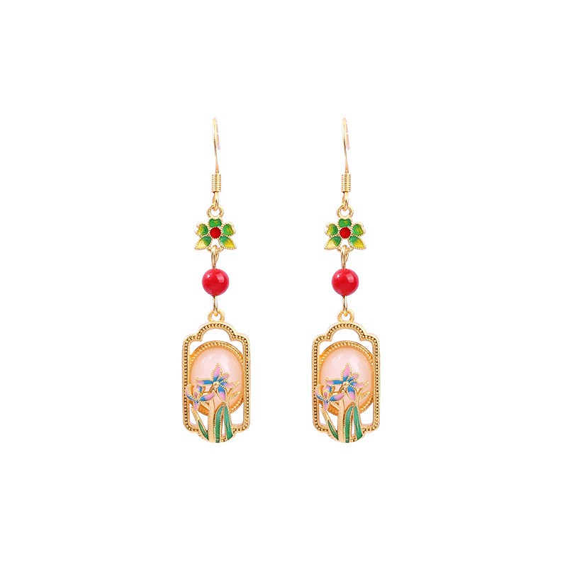 Women’s retro style Chinese jade pendant flower long earrings