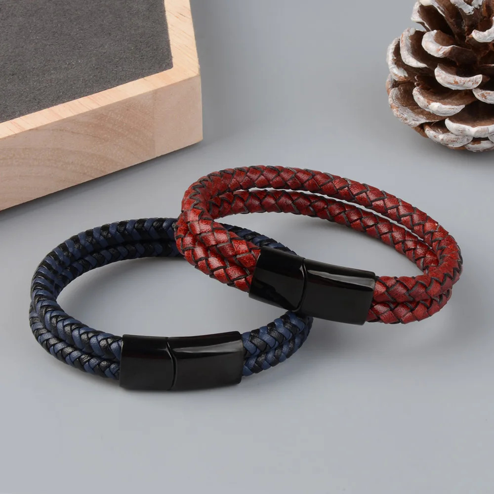 Genuine Leather Double Rope Braid Bracelet For Men Multicolor Choice