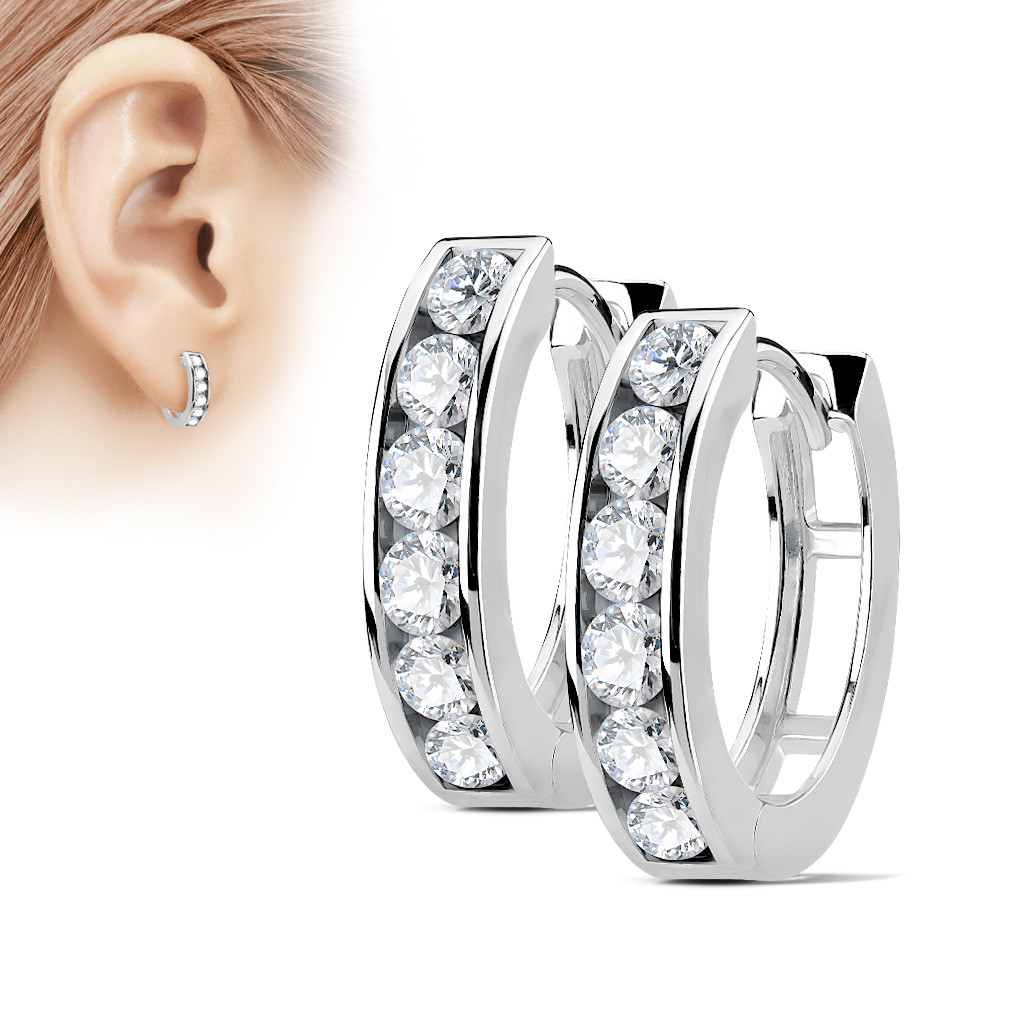 Unisex Channel Set Lined CZ 316L Surgical Steel Post Hoop Earrings