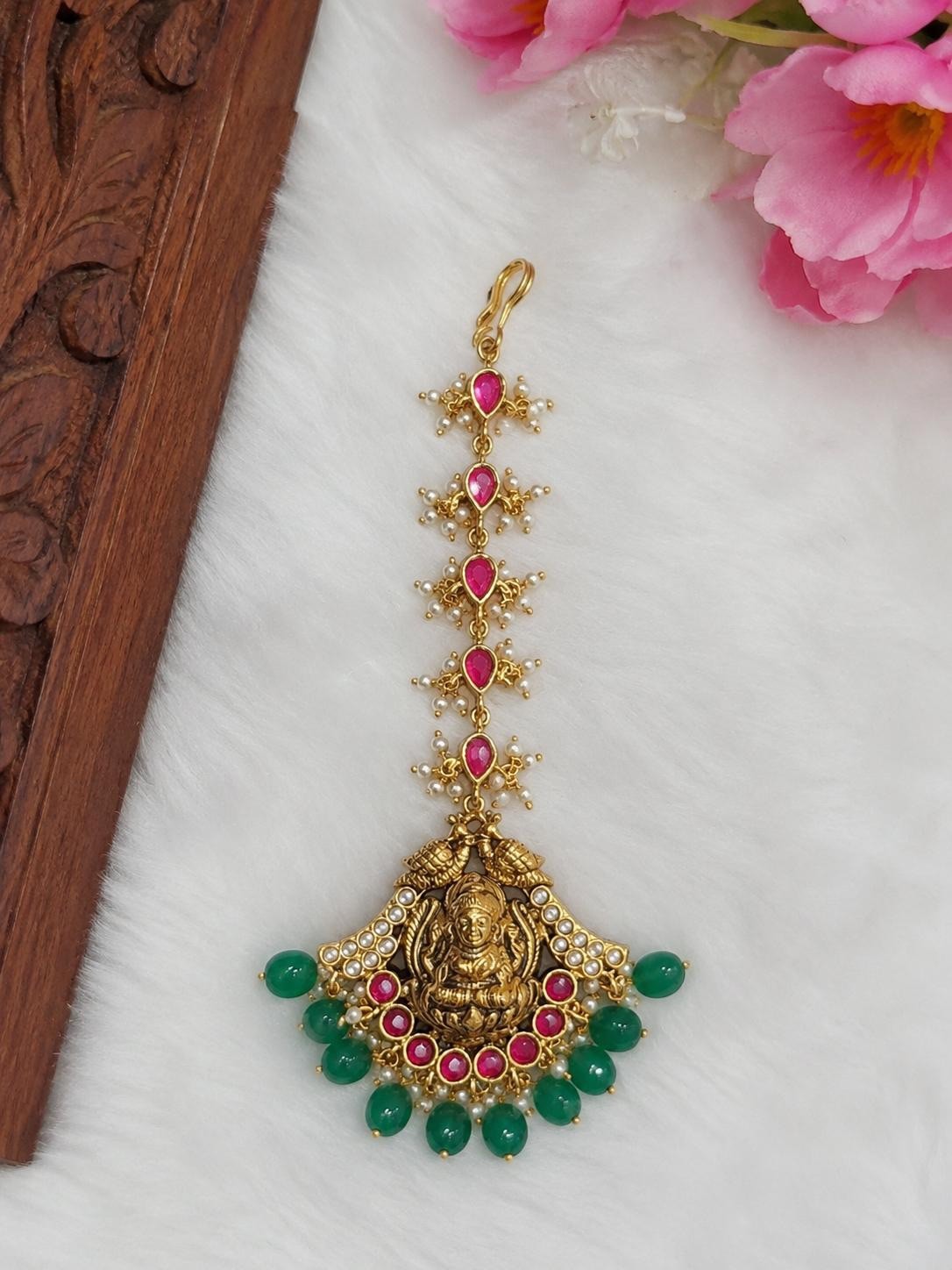 Traditional Lakshmi Maang Tikka Gold Tone Temple Jewelry Pink Green Pearl Bridal