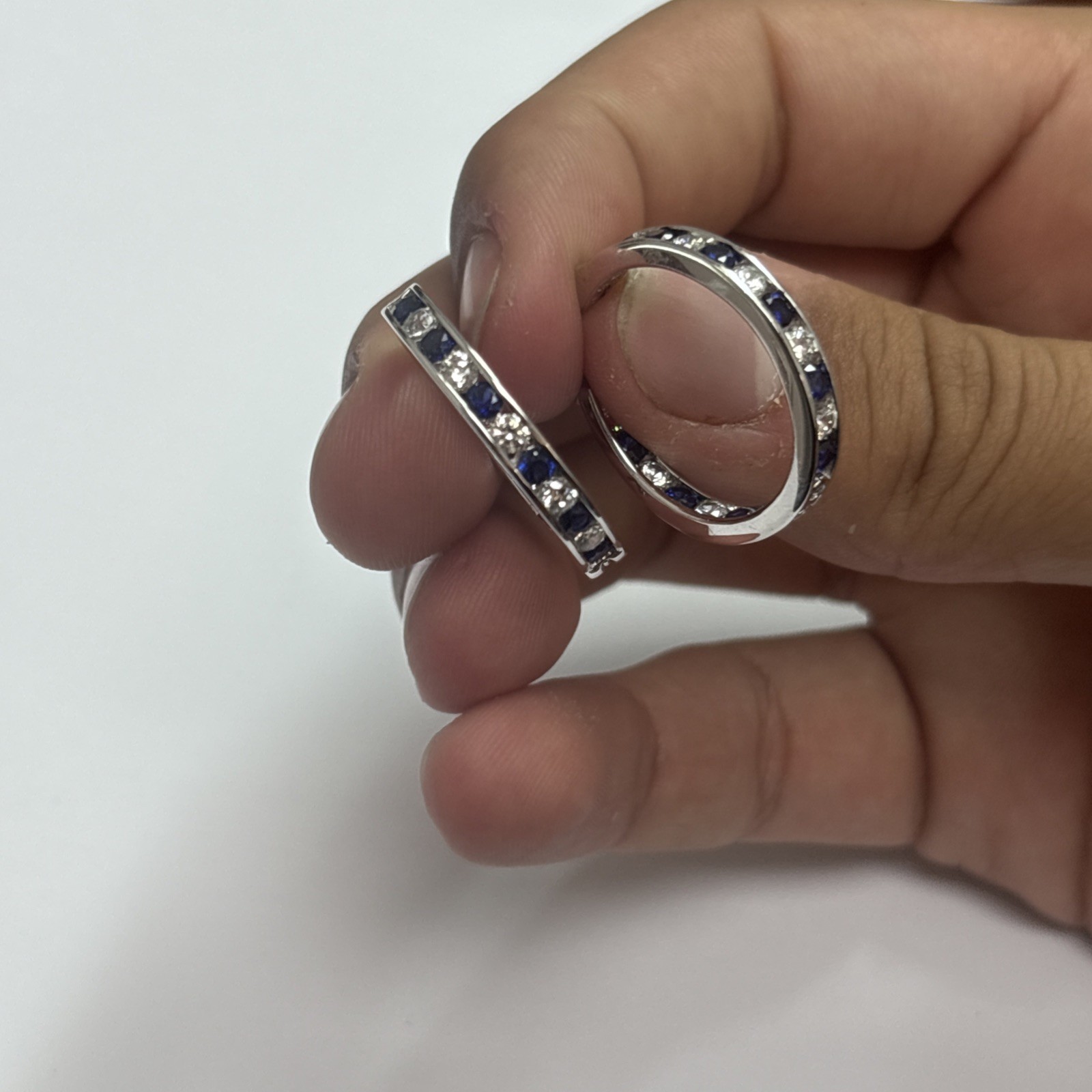 Women’s Earrings Blue And Whit Cz Stones Hoop Style As Is 925 Silver