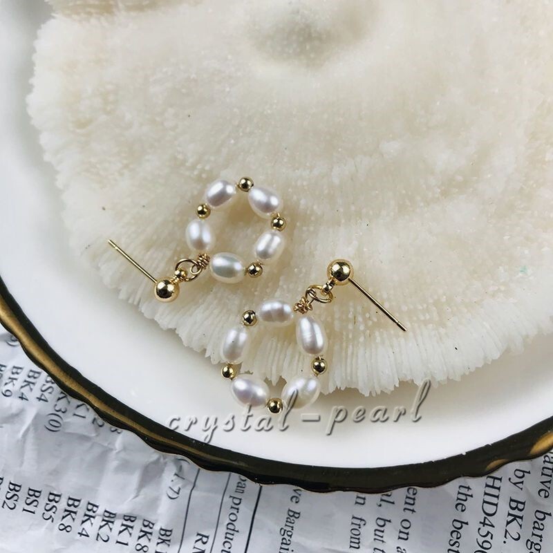 Genuine AAA natural Akoya white pearl dangle earrings 14k yelllow gold P