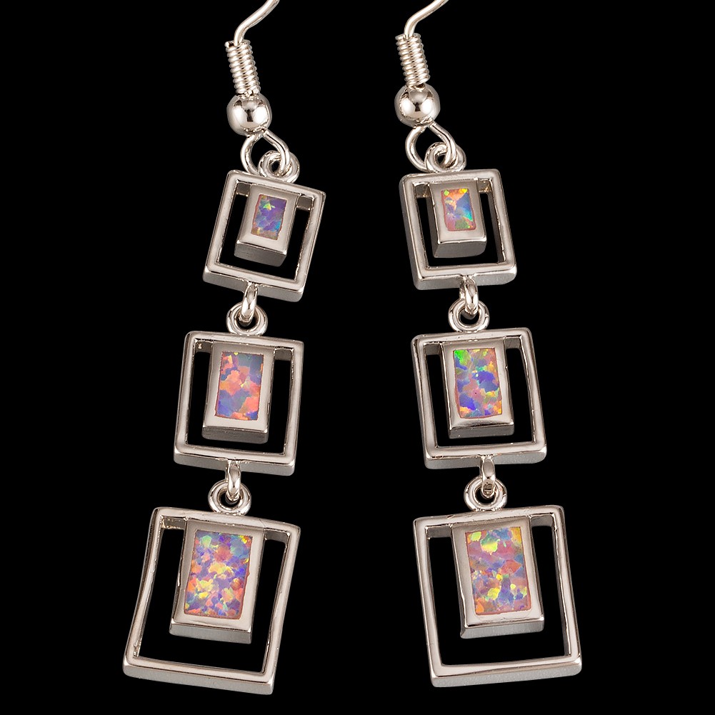 3 Rectangle Shape Lavender Purple Fire Opal Silver Jewelry Dangle Drop Earrings