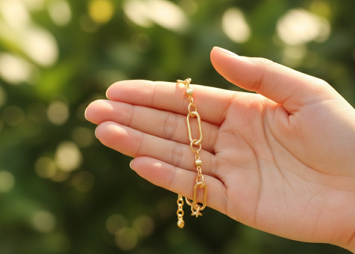 Stylish 18K Gold Tone Anklet Mixed Paperclip & Textured Round Link Chain Design