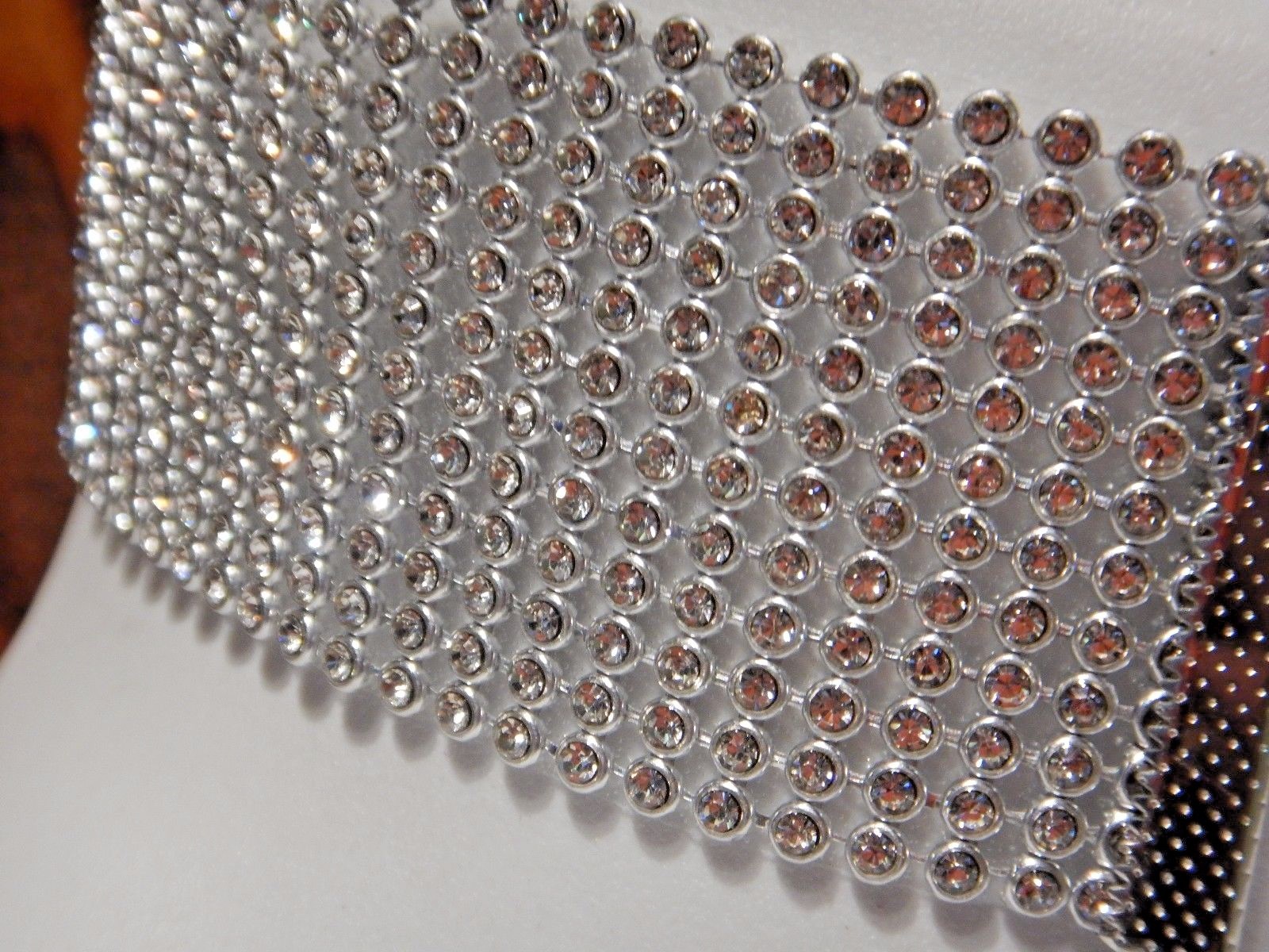 CLEAR CRYSTAL RHINESTONE COLLAR silver-tone wide vinyl choker necklace band 4A
