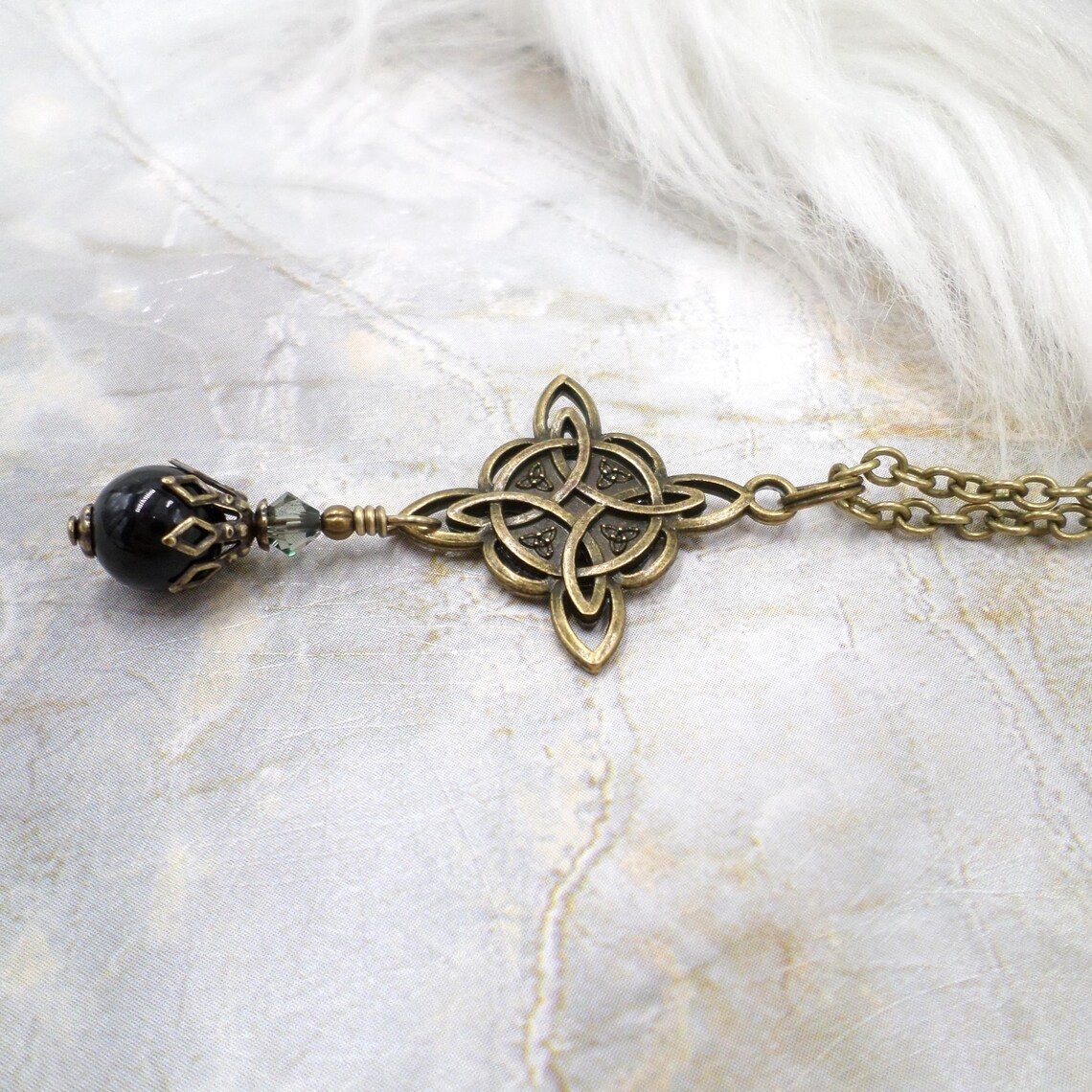 Celtic Knot Necklace, Black Bead Antique Brass Witch Knot Handmade Jewelry