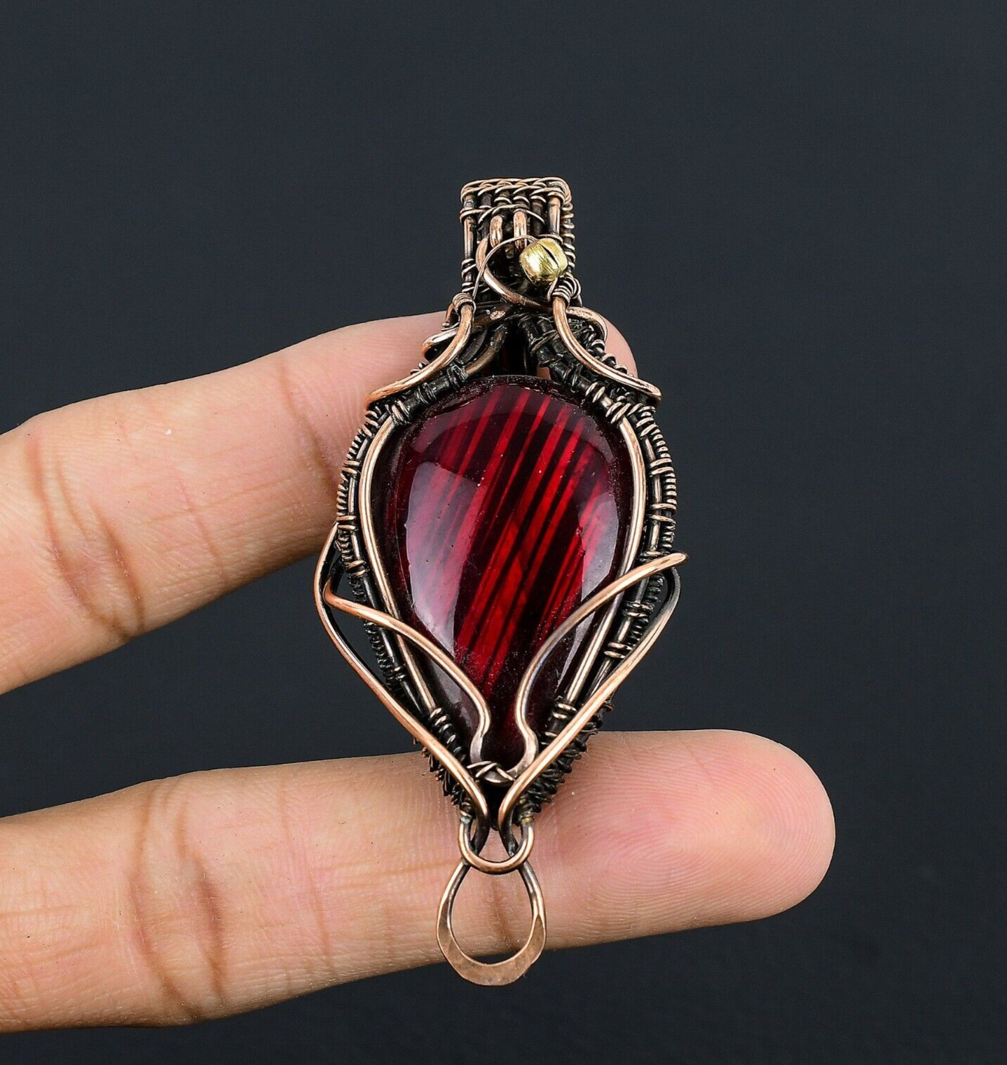 Red Flash Labradorite Gemstone Copper Wire Wrap Handmade Pendant Gift For Her