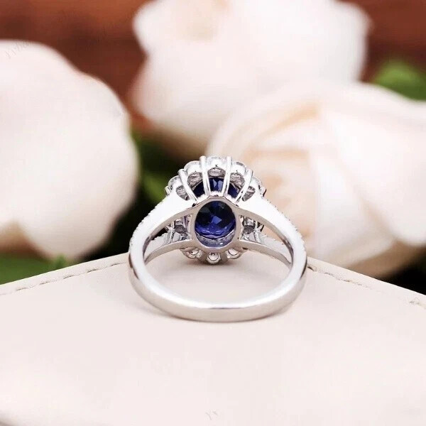3.60 Ct Natural Blue Sapphire Diamond Wedding Ring 14K Solid White Gold Size 5.5
