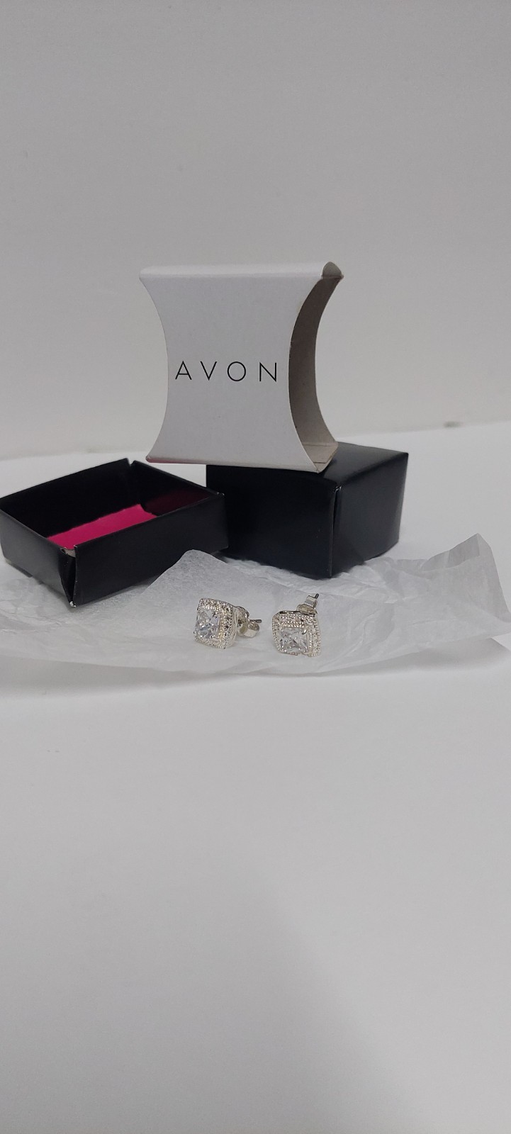 Avon Brilliant CZ Princess Square Halo Stud Earrings Silver Tone Butterfly Back