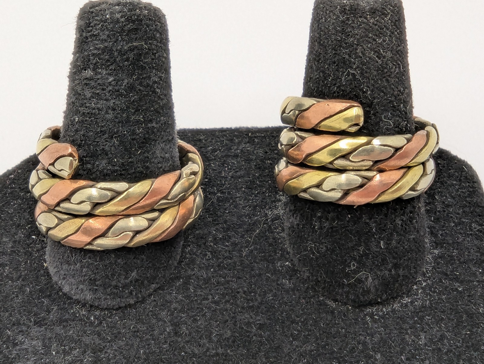 Tibetan Three Metal Coil Rings. Brass, Copper & Silver Tone Metals. Pair Of 2