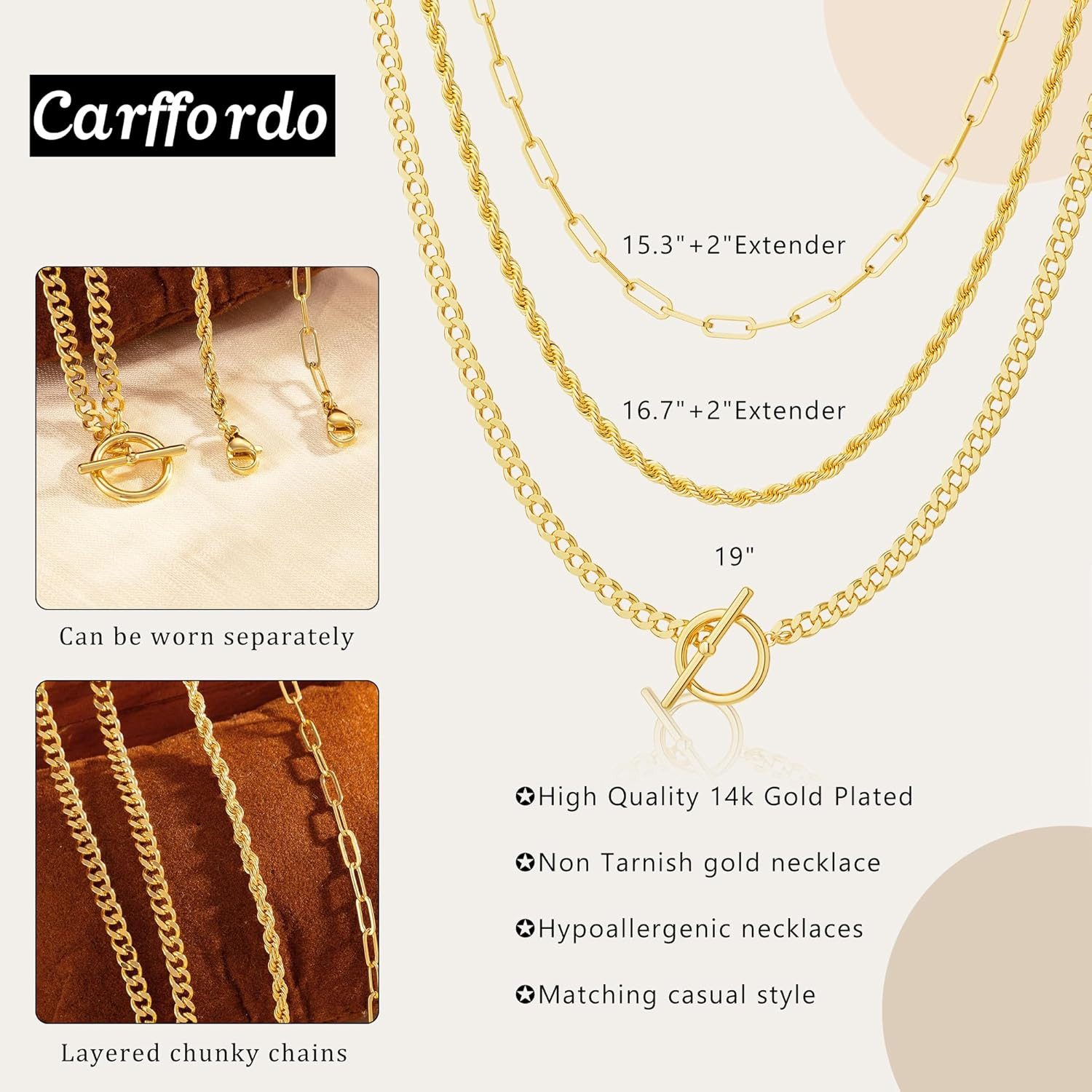 Layered Necklaces for Women – 14K Gold Plated Stack Necklace Paperclip Rope Cuba