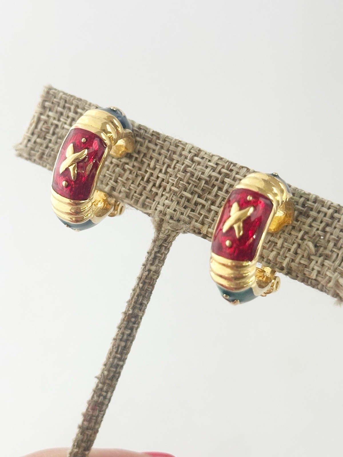 Vintage Joan Rivers Enamel Gold Tone Hoop Clip On Earrings Signed Red Green Blue