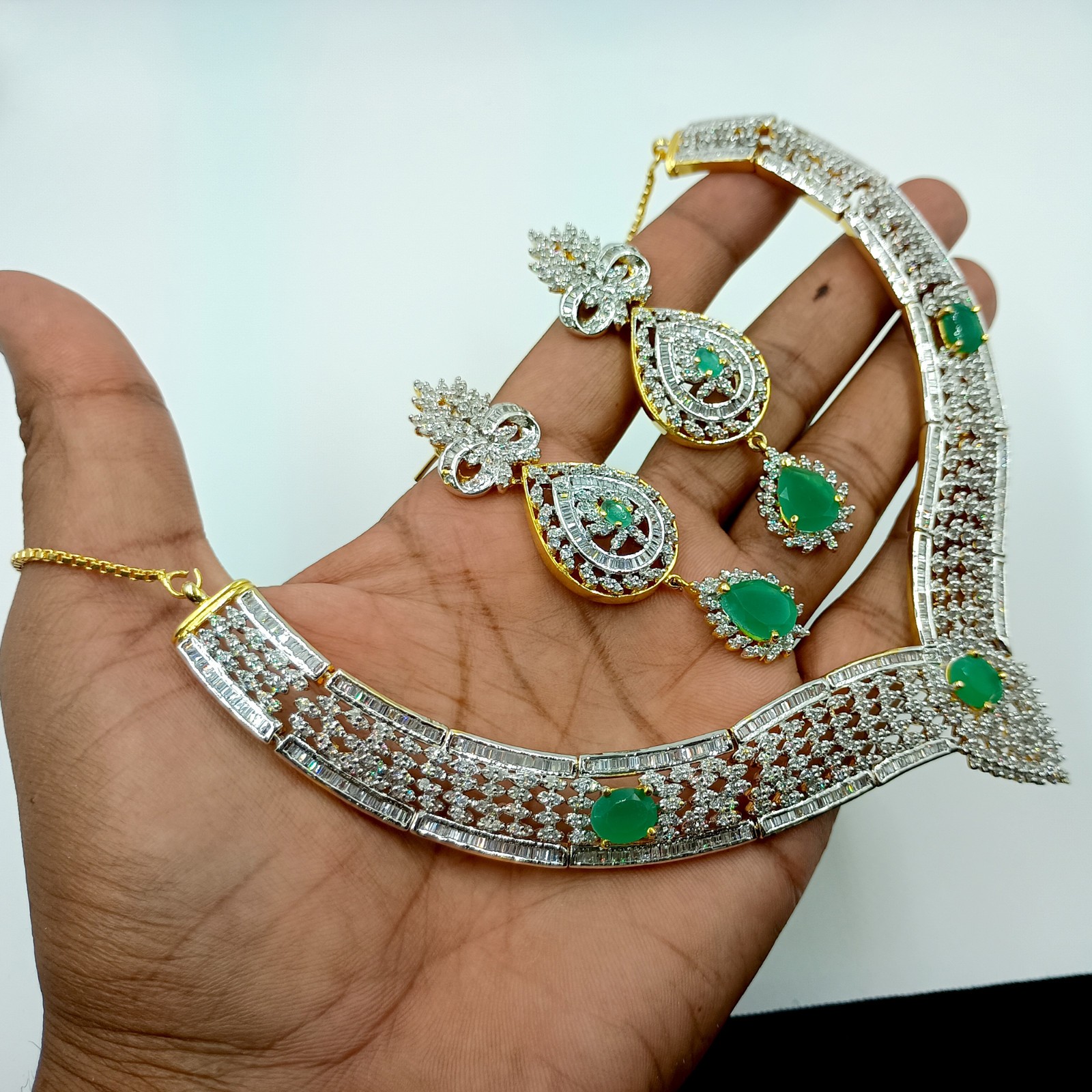 Emerald CZ Diamond Choker Necklace Set 22k Gold Plated South Indian Handmade