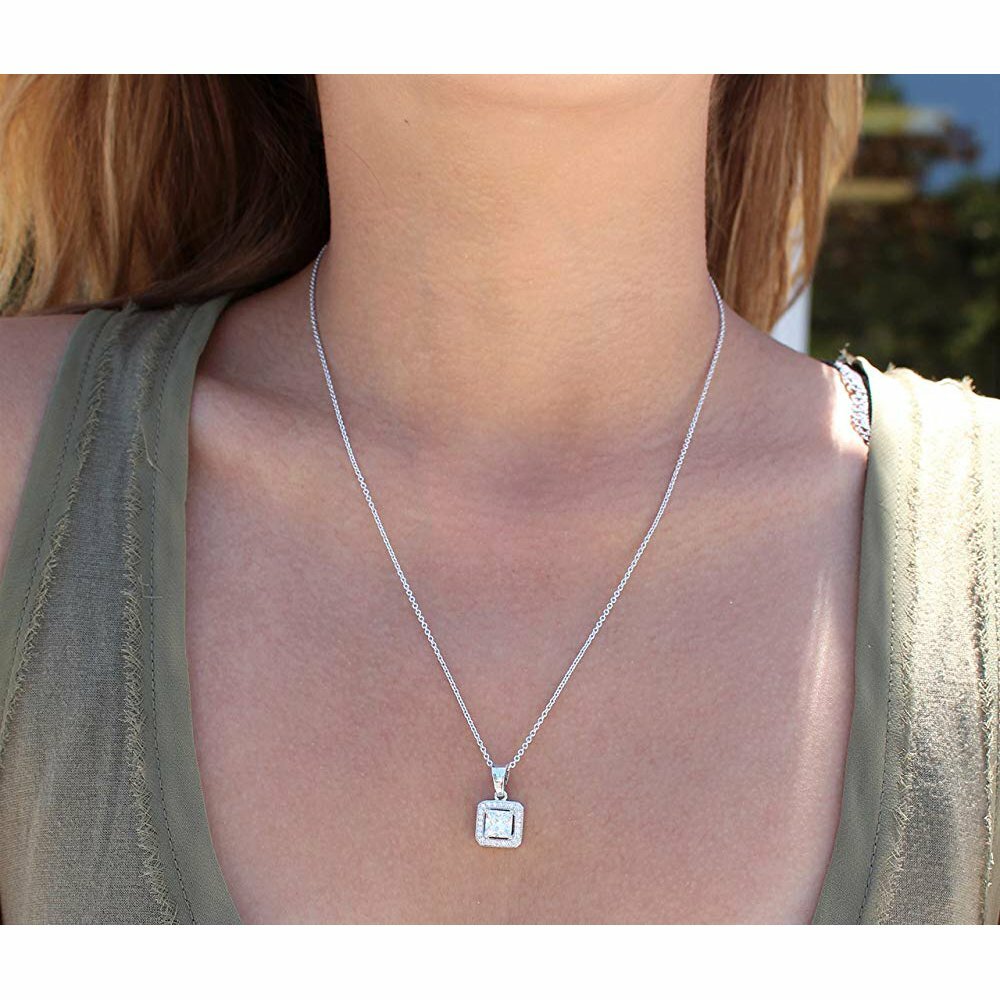 Women’s 925 Sterling Silver Halo CZ Square Princess Cut Pendant Necklace 18″