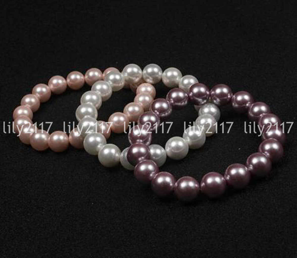 Fashion 4 Colors 10mm South Sea Shell Pearl Round Beads Elastic Bracelet 7.5”