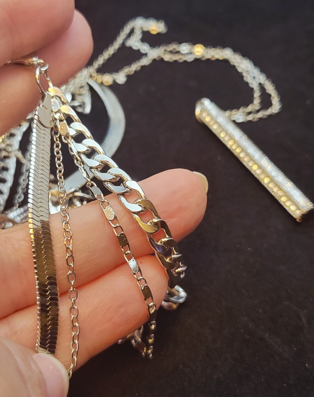 Silvertone Multi-Strand Layered Necklace w/Vertical Drop Pendant~18″-30″ L