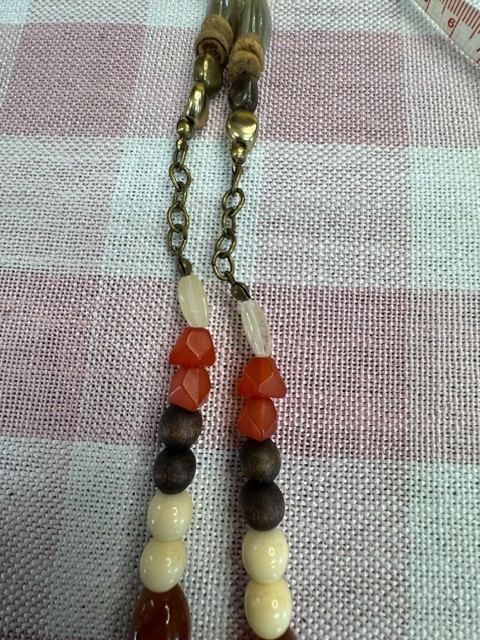 Chico’s Long Beaded Tassel Necklace Wood Gold Tone Boho Adjustable 36″