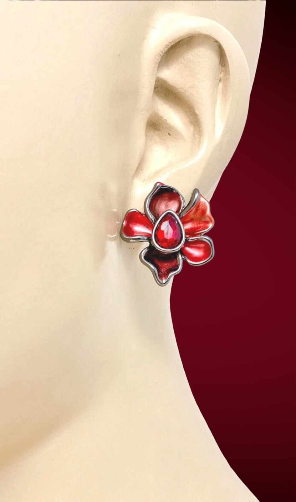 Red Crystal Flowers Enameled Statement Casual Chic Necklace Earrings Set
