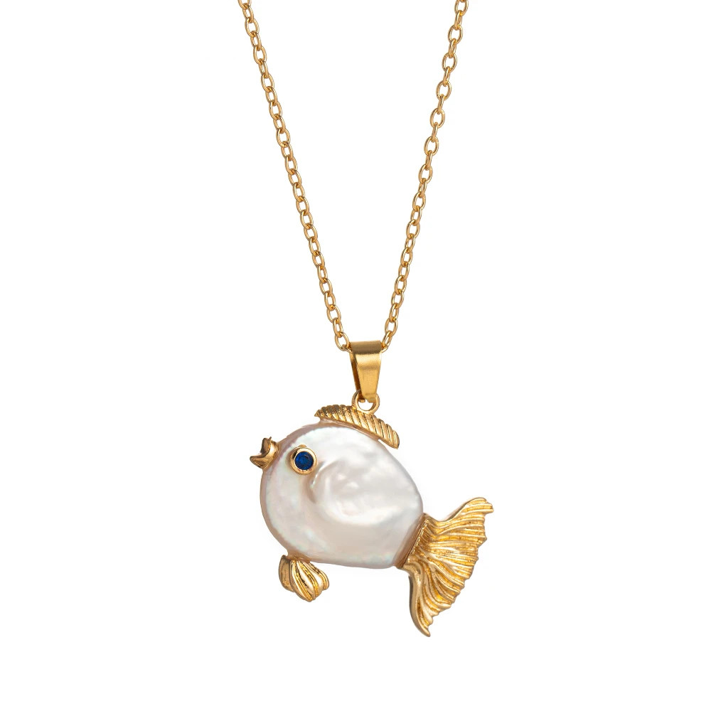 Clownfish Pendant Necklace Pearl Fish Shape O Chain Marine Theme Jewelry